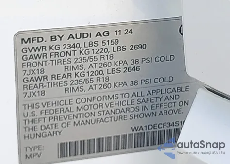 2025 Audi Q3 Premium S Line 45 z USA, uszkodzony, nr VIN WA1DECF34S1020457